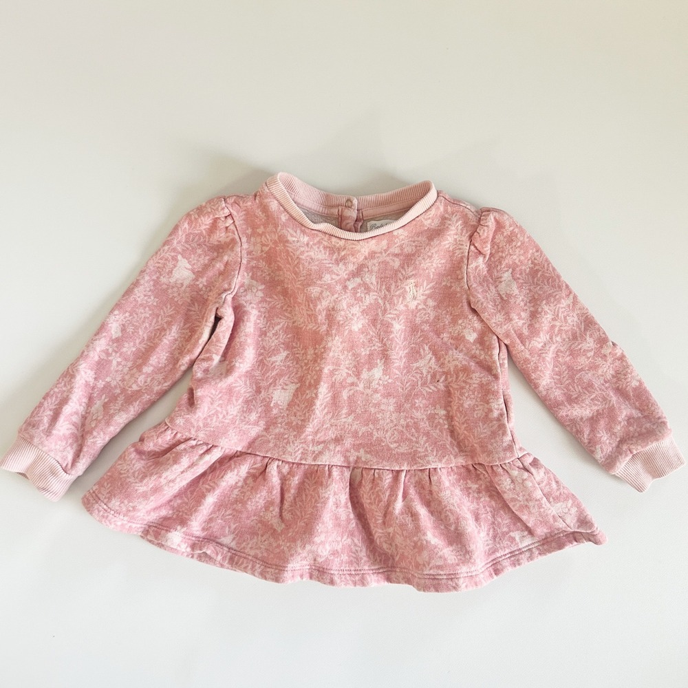 Ralph Lauren Toddler Girls Pink Floral Toile Forest Peplum Fleece Sweatshirt 24M